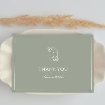 Elegante Moderne Saliegroene Monogram Bedankkaart