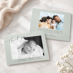 Elegante Moderne Saliegroene Scriptie Baby Foto Ge Bedankkaart