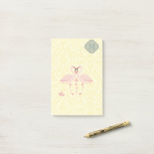 Elegante moderne schattige flamingo's damast monog post-it® notes (Op bureau)