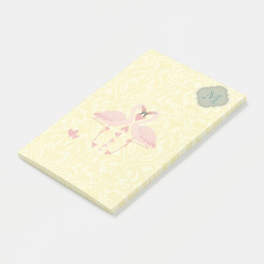 Elegante moderne schattige flamingo's damast monog post-it® notes (Schuin)