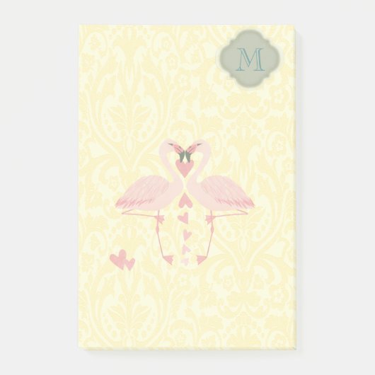 Elegante moderne schattige flamingo's damast monog post-it® notes (Voorkant)