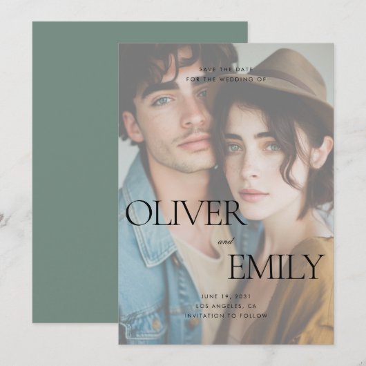 Elegante moderne schone salie volledige foto bruil save the date (Voorkant / Achterkant)