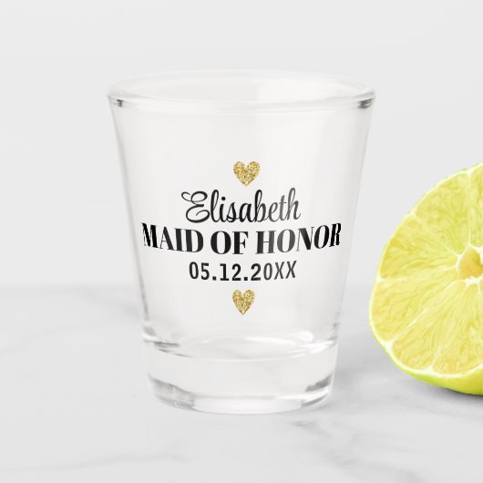 Elegante Moderne Script Cute Glitter Harten Aangep Shot Glas (Voorkant)