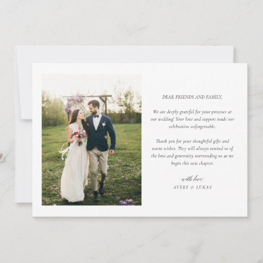 Elegante moderne script foto bruiloft dank je kaar bedankkaart (Voorkant)