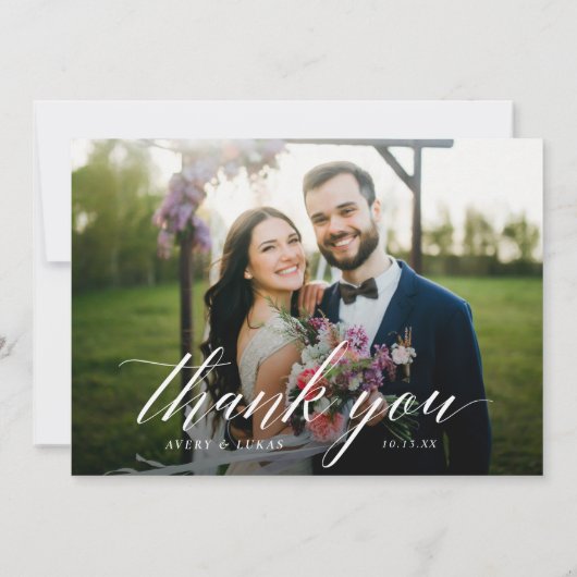 Elegante moderne script foto bruiloft dank je kaar bedankkaart (Achterkant)