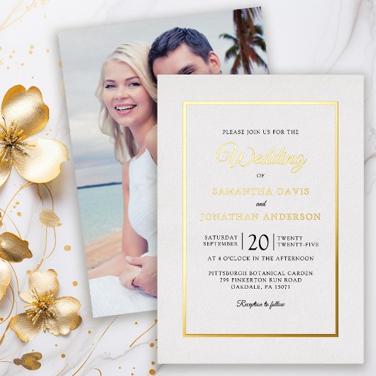Elegante moderne script foto goud folie bruiloft uitnodiging