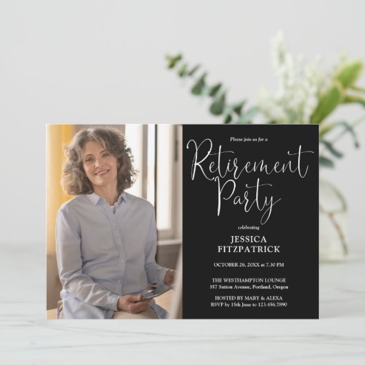 Elegante moderne script foto pensioen partij kaart (Staand voorkant)