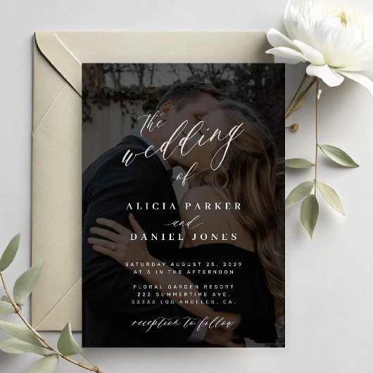 Elegante moderne script kalligrafie foto bruiloft kaart