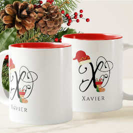 Elegante moderne script Kerstmis initiële X naam Tweekleurige Koffiemok