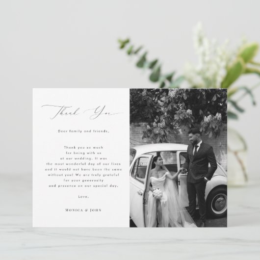 Elegante moderne script minimalistische 2 foto bru bedankkaart (Staand voorkant)
