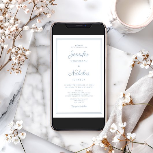 Elegante moderne script poederblauwe trouw kaart