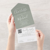 Elegante moderne script QR-code sage groene trouw  All In One Uitnodiging (Afscheurbaar)