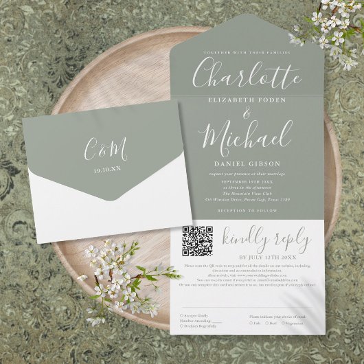 Elegante moderne script QR-code sage groene trouw  All In One Uitnodiging