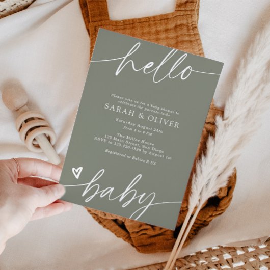 Elegante Moderne Script Saliegroen Baby Shower Kaart
