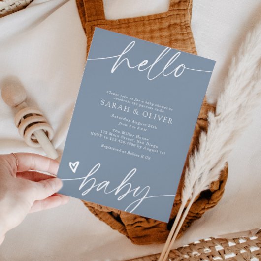 Elegante moderne script stoffig blauwe babyshower kaart