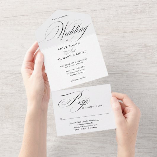 Elegante moderne script zwart-wit bruiloft all in one uitnodiging (Afscheurbaar)