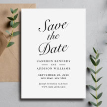 Elegante moderne script zwart + wit Save The Date 