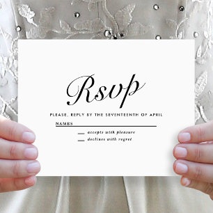 Elegante moderne script zwart + wit trouw-RSVP Feestdagenkaart