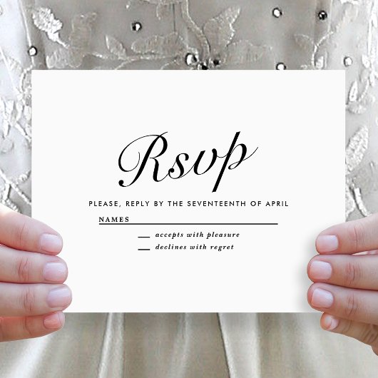 Elegante moderne script zwart + wit trouw-RSVP Feestdagenkaart