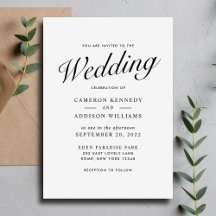 Elegante moderne script zwart + wit trouwuitnodigi