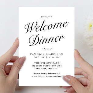 Elegante moderne script zwart + wit welkomstdiner feestdagenkaart