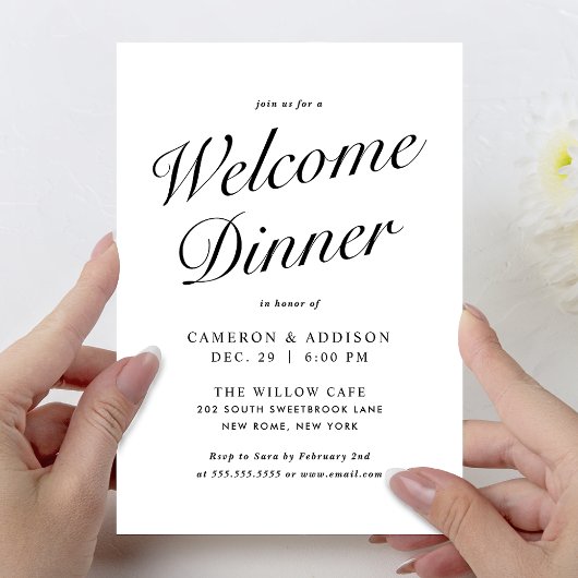 Elegante moderne script zwart + wit welkomstdiner feestdagenkaart