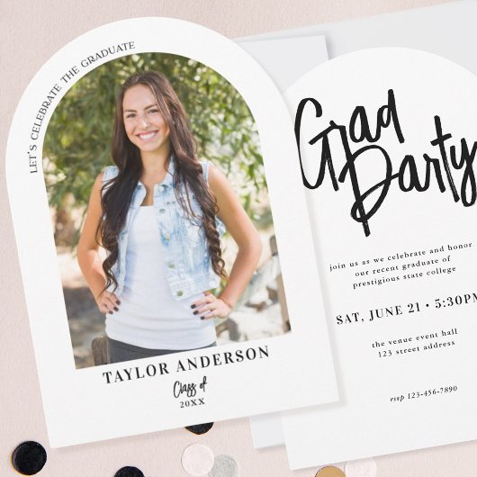 Elegante moderne scriptboog foto afstudeerfeest kaart