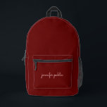 Elegante moderne scriptnaam donkerrood effen kleur bedrukte rugzak<br><div class="desc">Trendy Custom Elegant Modern Eenvoudige Schattigee Sjabloon Upload Afbeelding foto Afbeelding of Business Logo Voeg kalligrafie Script naam of tekst donkerrood effen kleur Accessoires / tassen & portefeuilles / rugzak.</div>