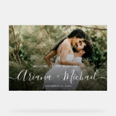 Elegante moderne scriptnamen Custom Photo Wedding Acryl Bord (Voorkant)