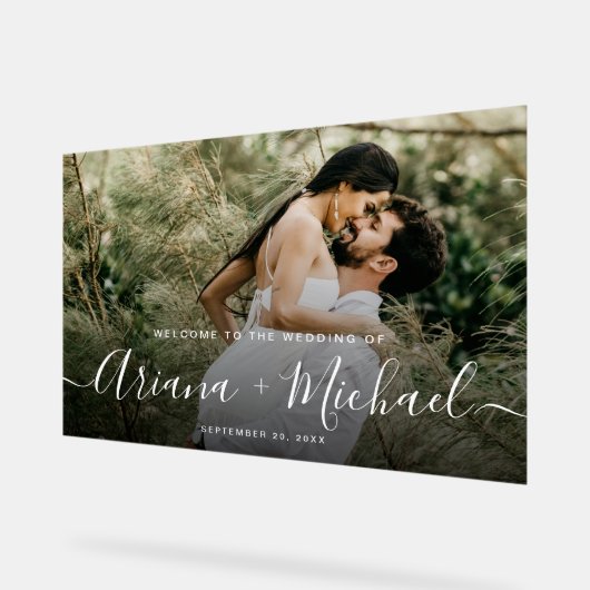 Elegante moderne scriptnamen Custom Photo Wedding Acryl Bord (Hoek)