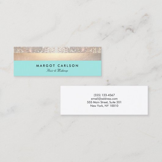Elegante Moderne Sequin en Goud Gestreepte Turquoi Mini Visitekaartje (Voorkant / Achterkant)
