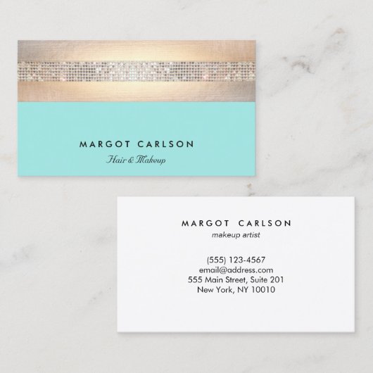 Elegante Moderne Sequin en Goud Gestreepte Turquoi Visitekaartje (Voorkant / Achterkant)