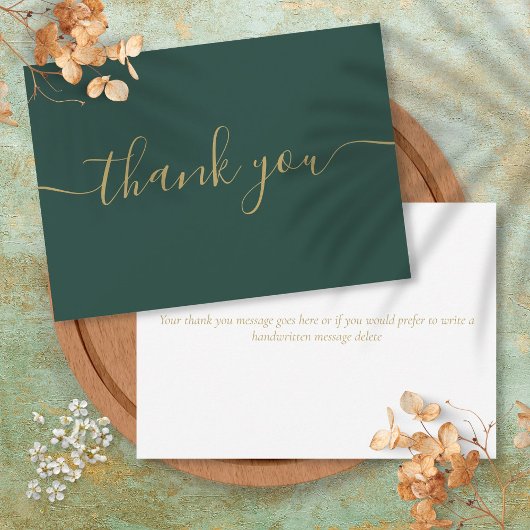 Elegante moderne simpele script in smaragd en goud bedankkaart