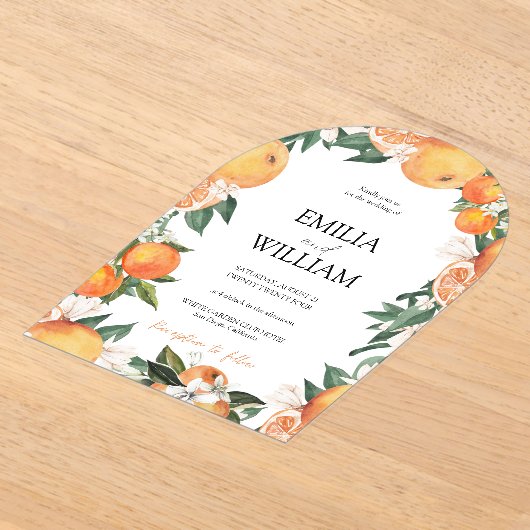 Elegante moderne Sinaasappels citrus huwelijksuitn Acryl Uitnodigingen (Laagn)