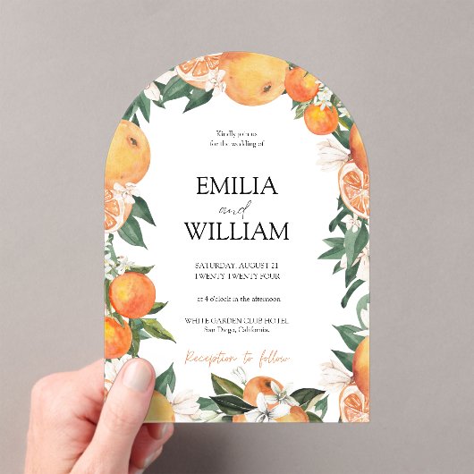 Elegante moderne Sinaasappels citrus huwelijksuitn Acryl Uitnodigingen (Insitu (Draagbaar))