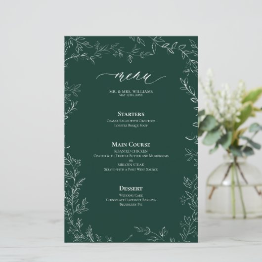 Elegante moderne smaragd groen blad bruiloft menu (Staand voorkant)
