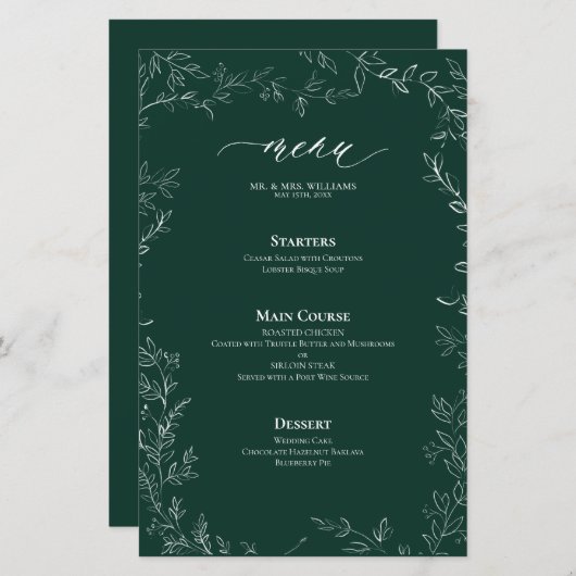 Elegante moderne smaragd groen blad bruiloft menu (Voorkant / Achterkant)