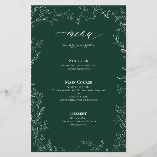 Elegante moderne smaragd groen blad bruiloft menu (Voorkant)