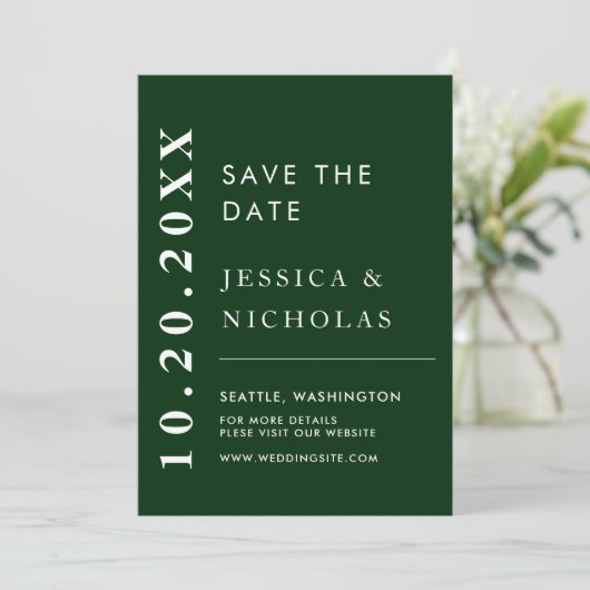 Elegante moderne smaragdgroene eenvoudige trouwfot save the date (Staand voorkant)