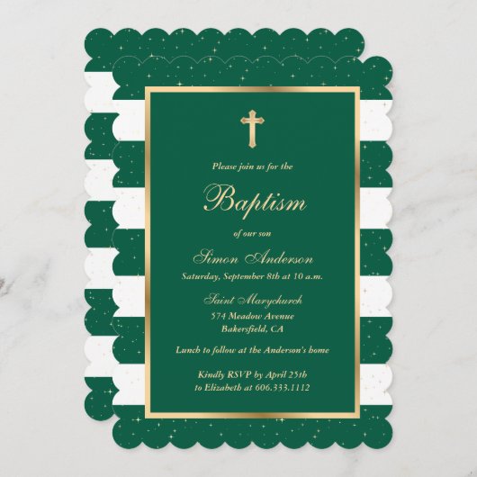 Elegante moderne smaragdgroene gouden doop kaart (Voorkant / Achterkant)