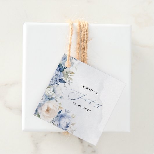 Elegante moderne stoffige blauwe bloem zoet 16 bedankjes labels (In situ)