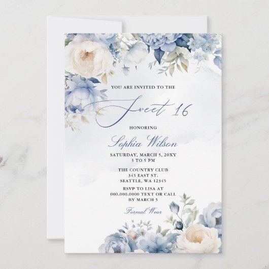 Elegante moderne stoffige blauwe bloem zoet 16 kaart (Voorkant)