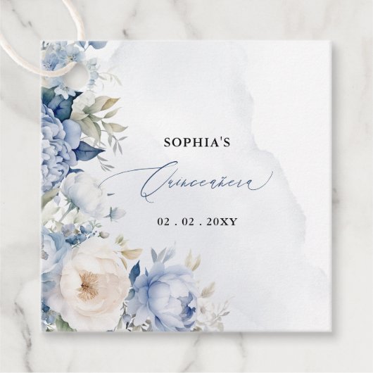 Elegante moderne stoffige blauwe bloemen Quinceañe Bedankjes Labels (Voorkant)