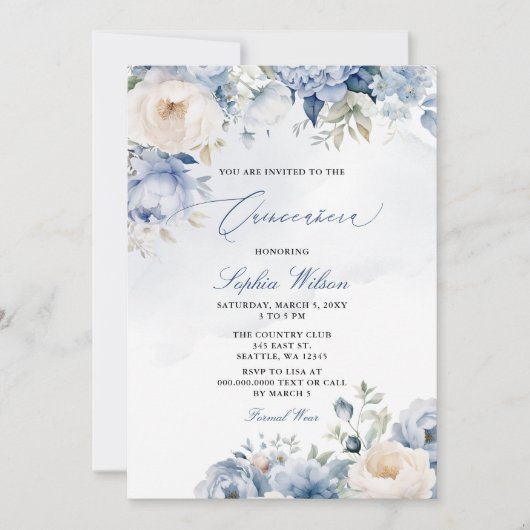 Elegante moderne stoffige blauwe bloemen Quinceañe Kaart (Voorkant)