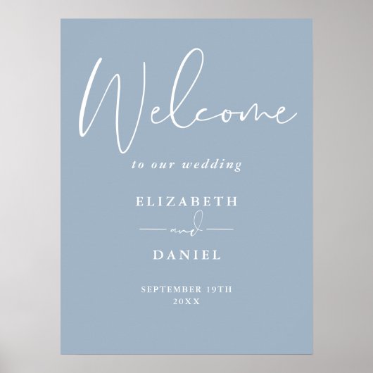 Elegante moderne stoffige blauwe bruiloft welkom t poster (Voorkant)