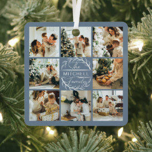 Elegante moderne stoffige blauwe familie fotocolla metalen ornament