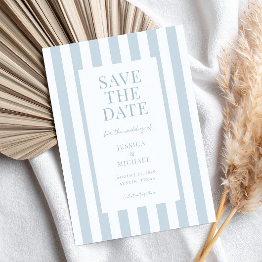 Elegante moderne stoffige blauwe gestreepte trouw save the date