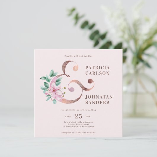 Elegante moderne stoffige roze rosé gouden bloemen kaart (Staand voorkant)