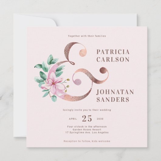 Elegante moderne stoffige roze rosé gouden bloemen kaart (Voorkant)