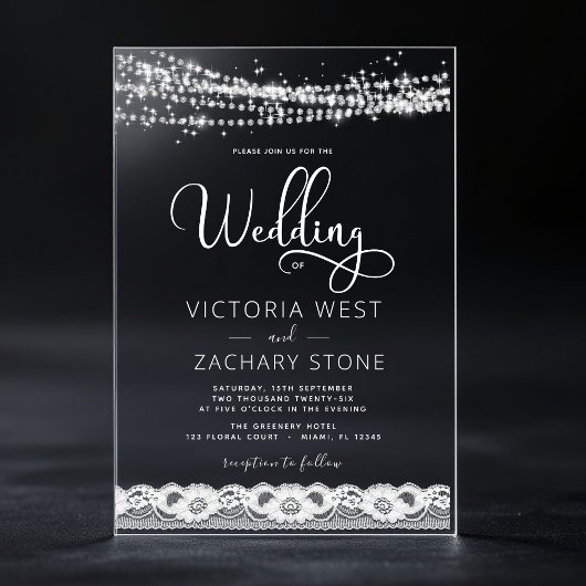 Elegante Moderne String Lights Lace Wedding Acryl Uitnodigingen